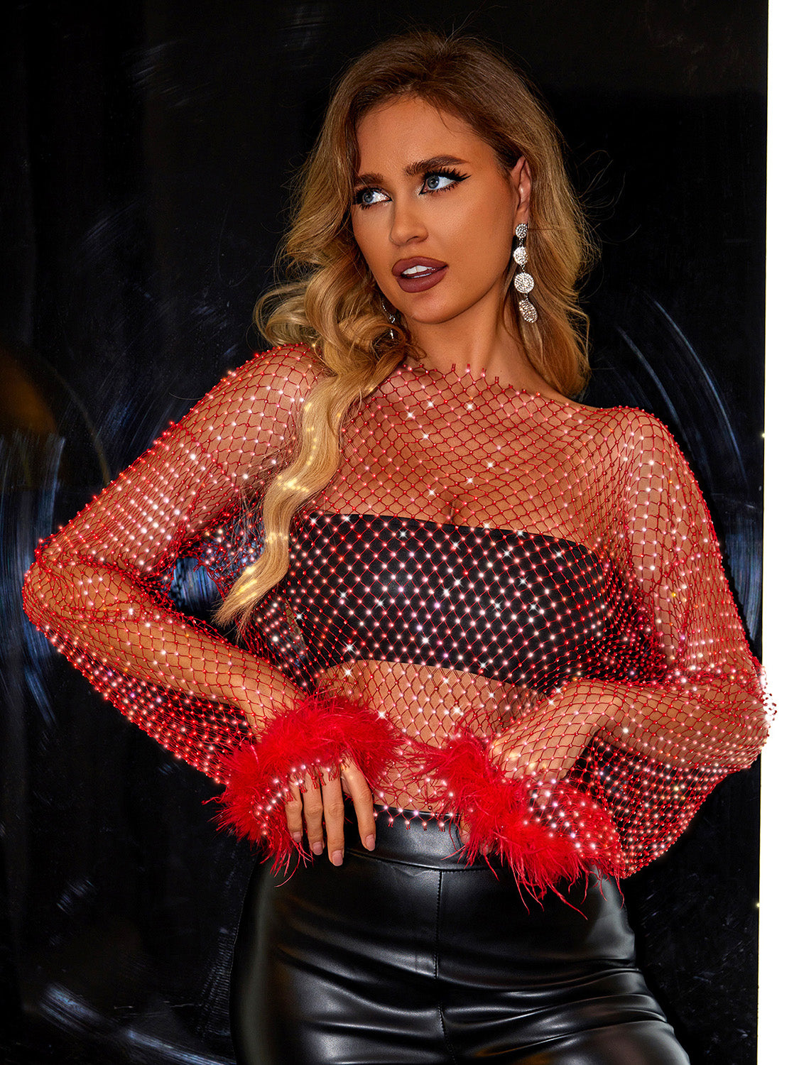 Openwork Metal Sewn Shiny Long Sleeve Blouse