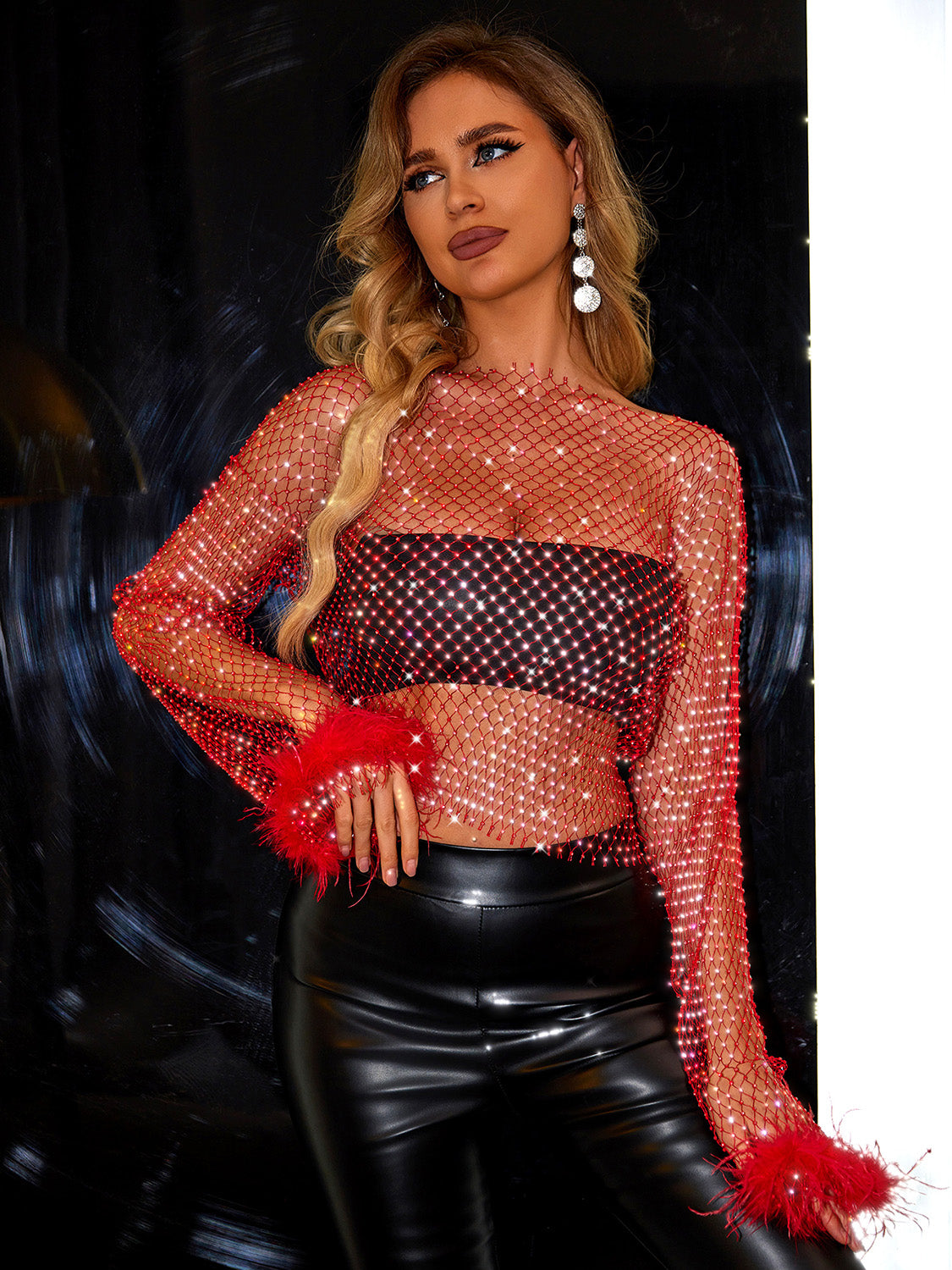 Openwork Metal Sewn Shiny Long Sleeve Blouse